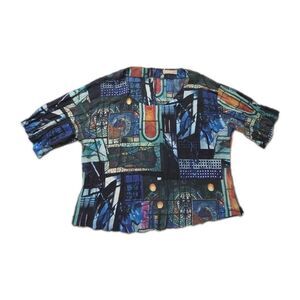 VTG Majorette Abstract Art Print Sheer Blouse XL Button Back 3/4 Sleeve Top GUC
